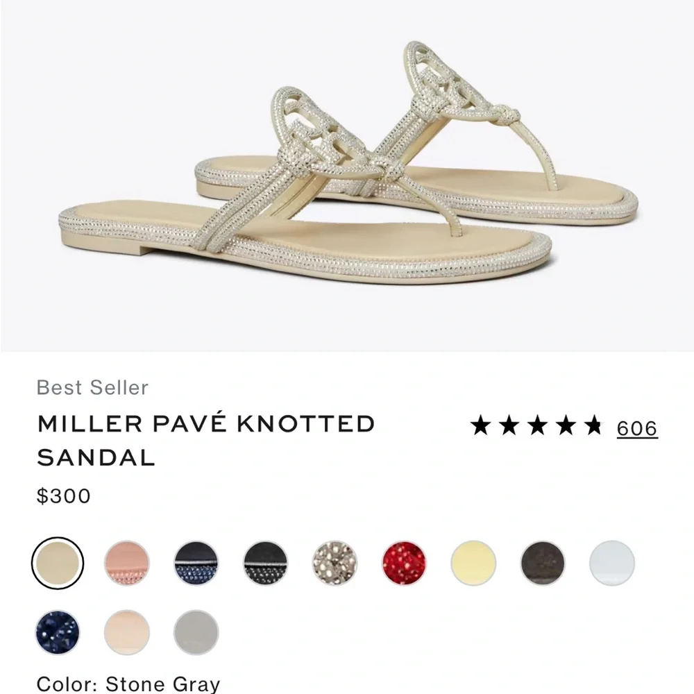 TORY BURCH Best Seller MILLER PAVÉ KNOTTED SANDAL 7.5 preowned  $300 Stone Gray